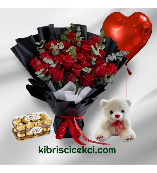 33 Kırmızı Gül Buketi 16'lı Ferrero Çikolata Ayıcık Kalp Helyum Balon